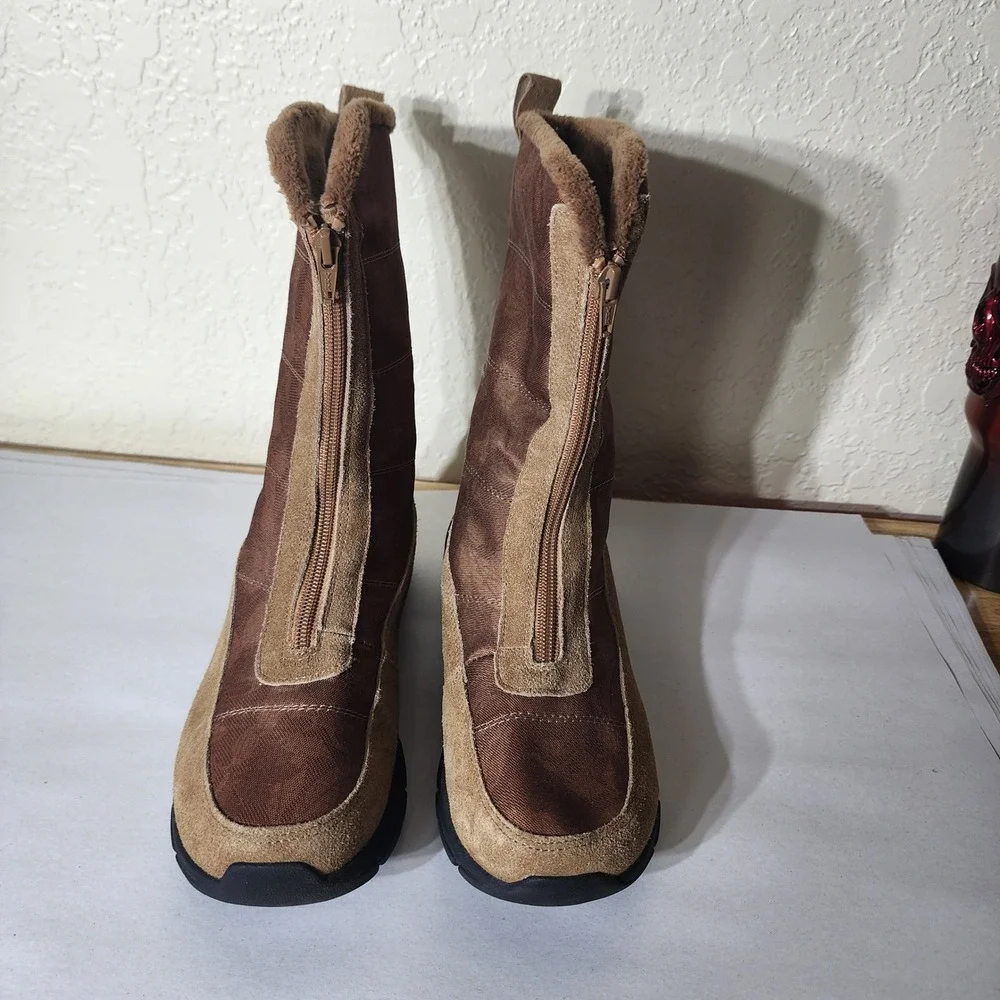 Lands End Womens Brown Suede Nylon Front Zip Winter Boots 525813 Size 8.5 B